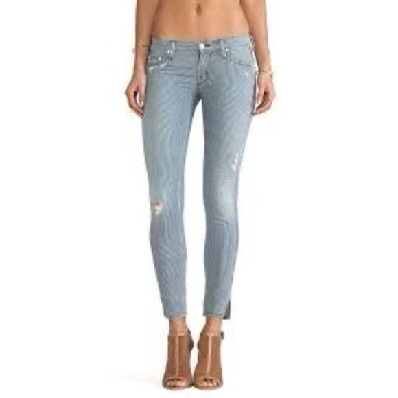 Mother The Vamp On the Road Blue Stripe Stretch Distressed Jeans Women's Size 27